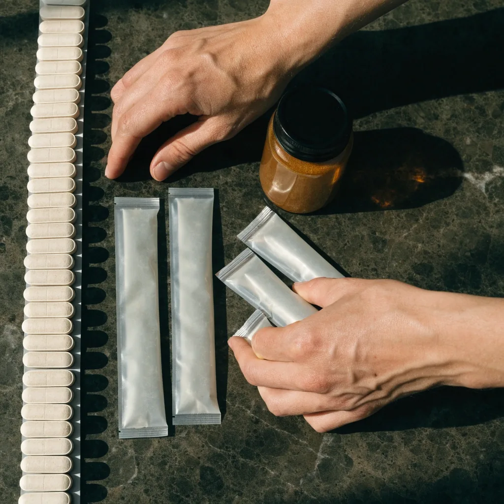 Hands sorting unbranded daily wellness formats into two loose columns on a dark stone counter — white round tablets on grey paper on one side, slim sachets and a small amber jar on the other
