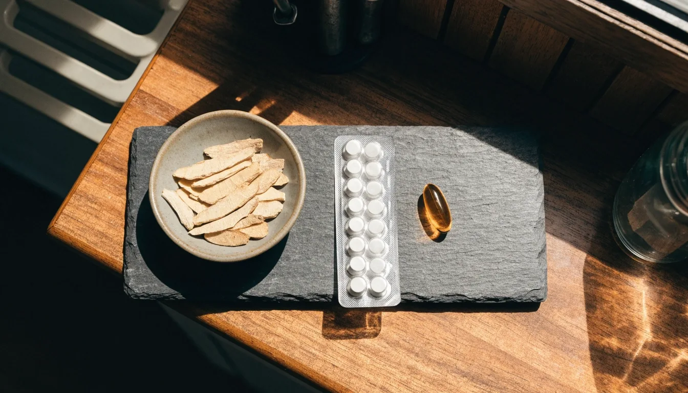 Three everyday supplement formats arranged left to right on a dark stone board: a stone mortar with dried root, a plain unbranded strip of white round tablets on grey paper, and a single amber softgel on a slate chip