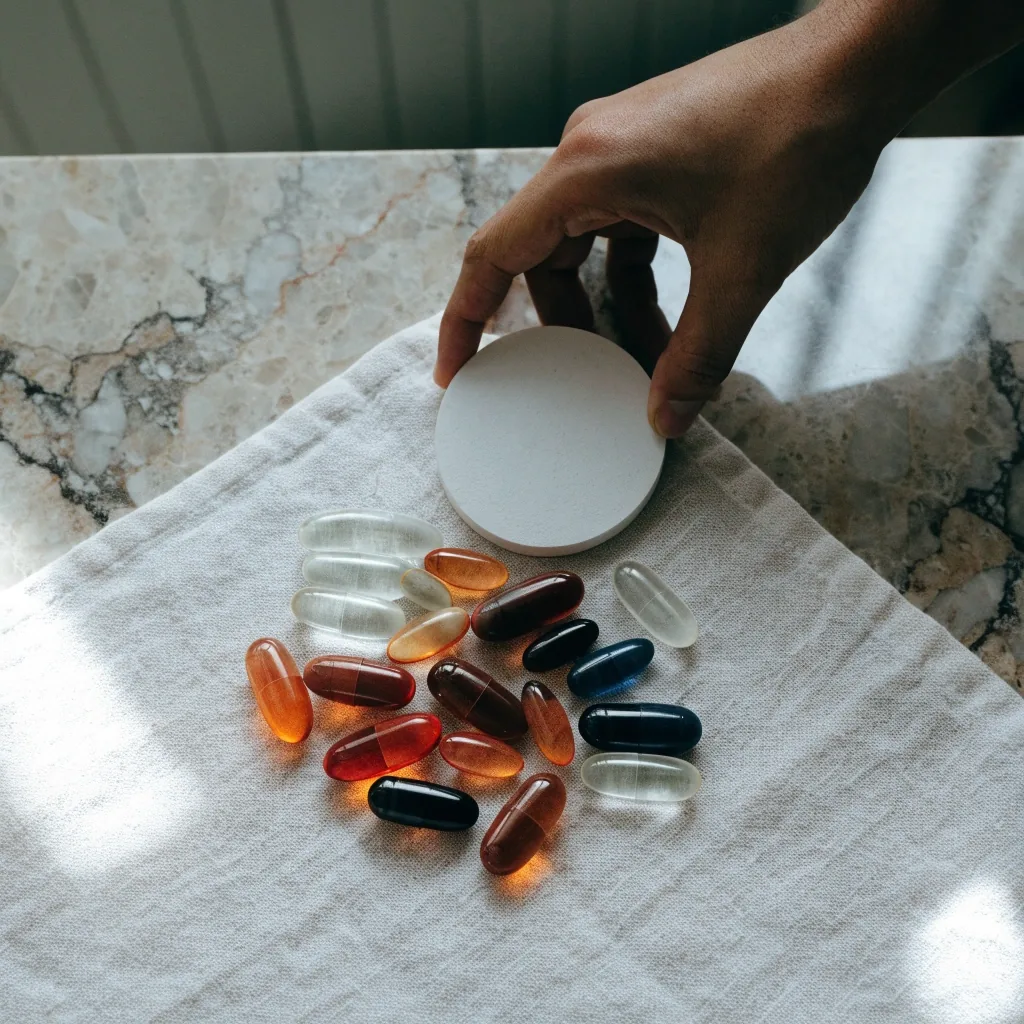 Unbranded softgels and a plain round tablet arranged in a loose arc on a dark stone counter partly covered by a folded linen cloth