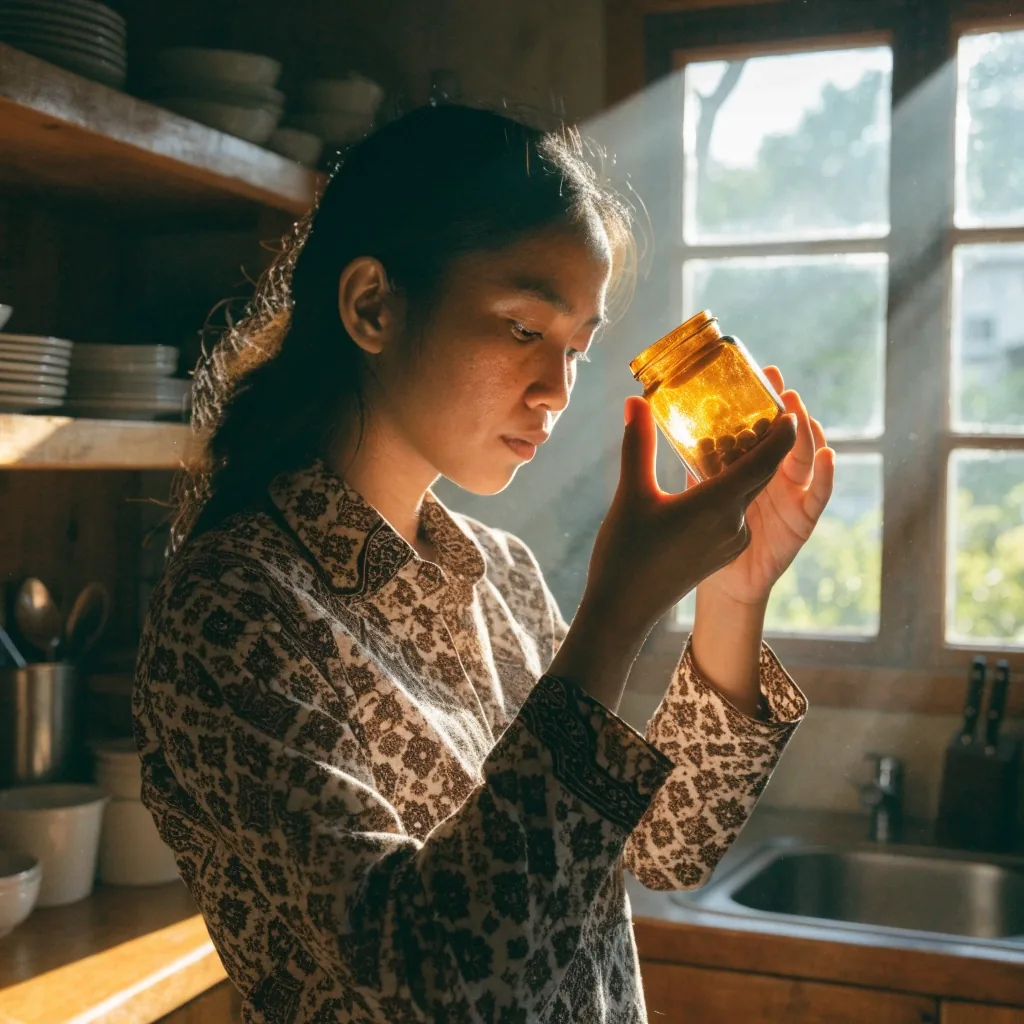 An unbranded amber jar on folded linen beside a window ledge at dusk