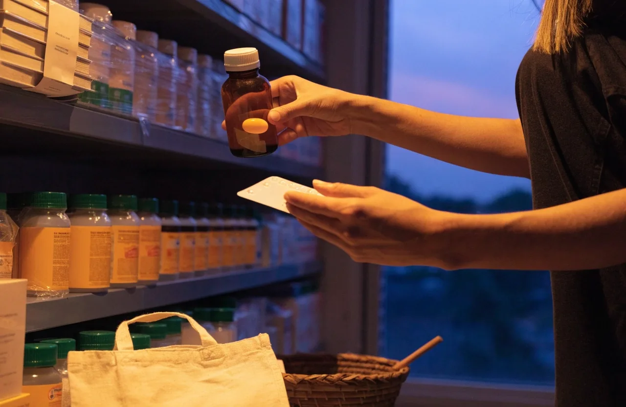 Unbranded supplement formats laid out on a stone counter beside folded linen at dusk