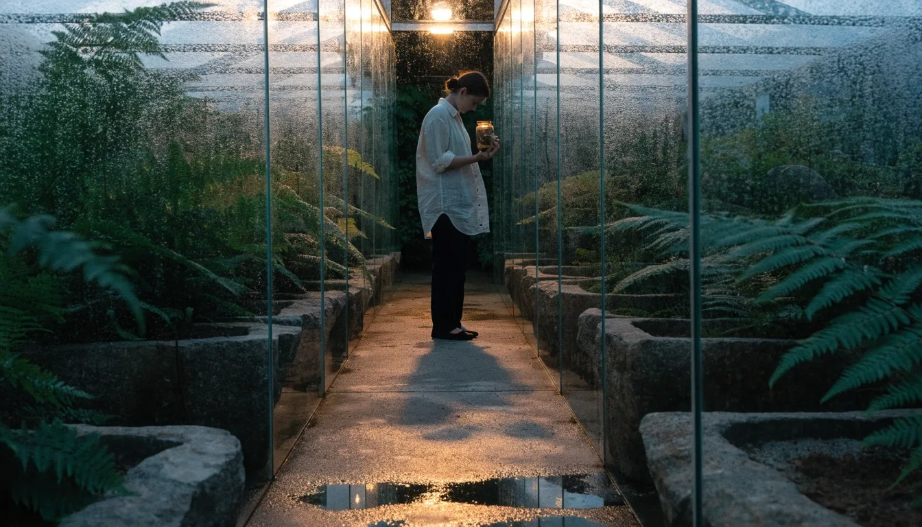 A glasshouse corridor at dusk with ferns in stone troughs and condensation on the panes