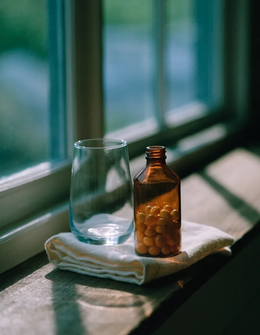 An unbranded amber bottle on folded linen beside a dusk window ledge