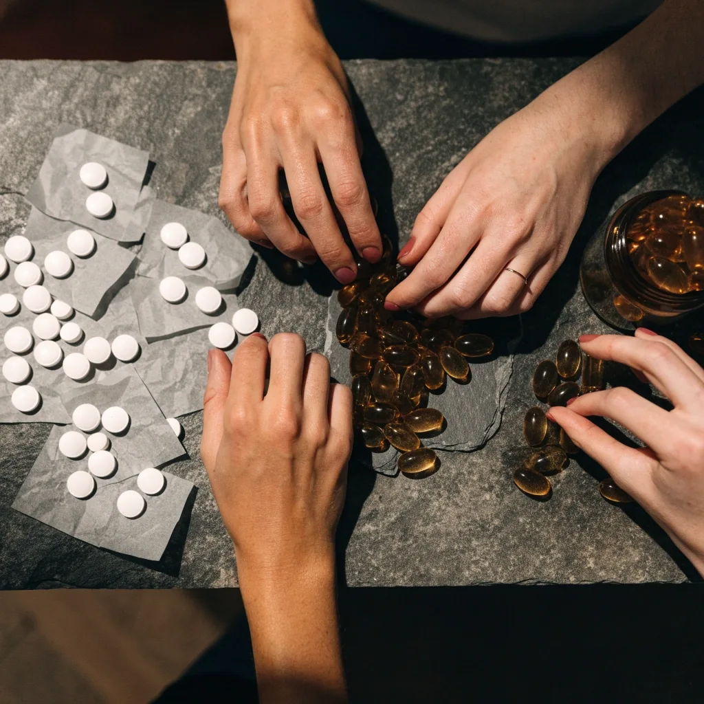 Hands sorting unbranded supplement formats into groups on a stone counter