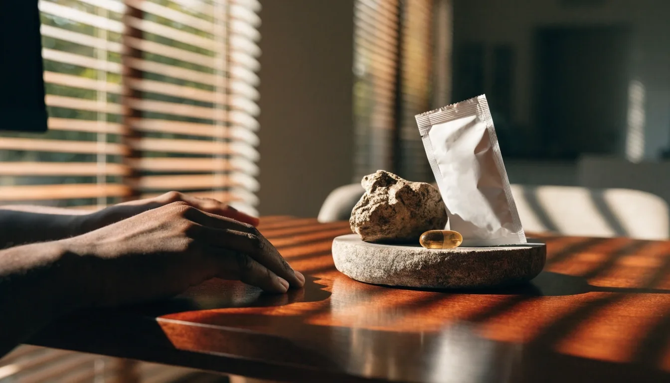 Three unbranded wellness formats arranged left to right on a stone board