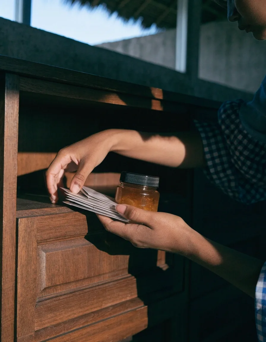 A closed cupboard shelf holding unbranded amber jars of herbal blend and a carton of sachets beside a folded linen cloth