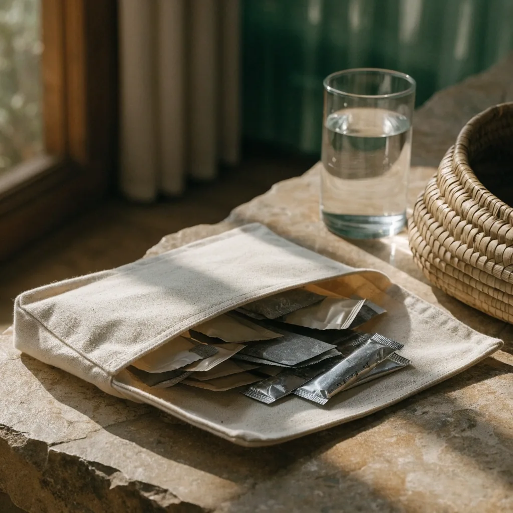 An open canvas travel pouch with unbranded sachets and softgel strips on a stone counter beside a glass of water