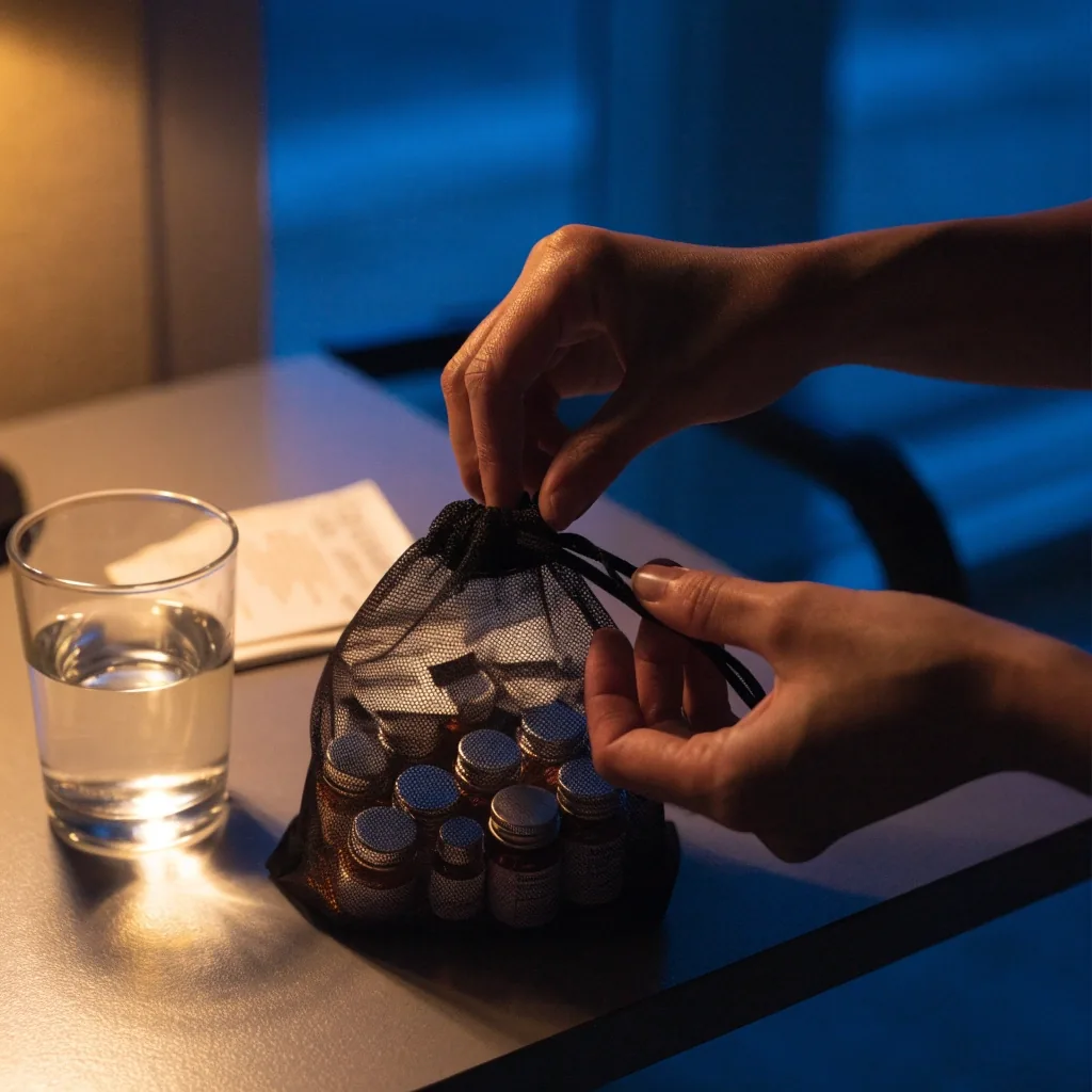 An amber glass pipette glowing above a stone dish of dried root shavings, backlit in a dim pantry corner