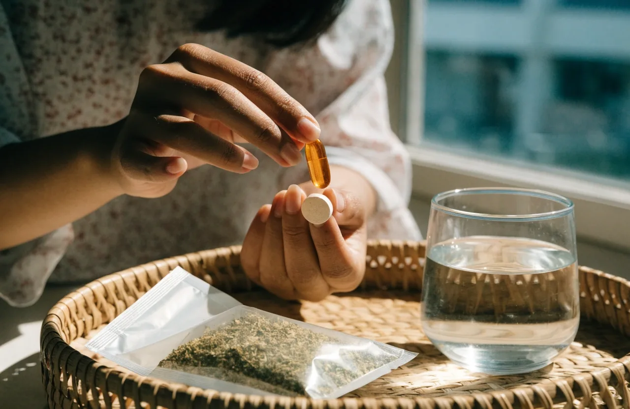 Three unbranded daily supplement formats lined up on a linen cloth: a softgel, a tablet and an open sachet of herbal powder