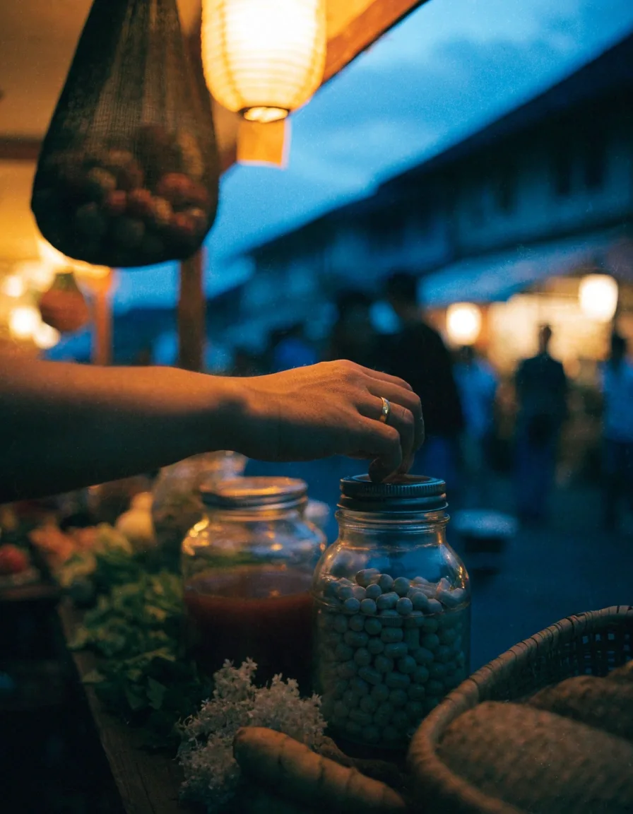 An unbranded amber bottle on folded linen beside a small empty glass at dusk
