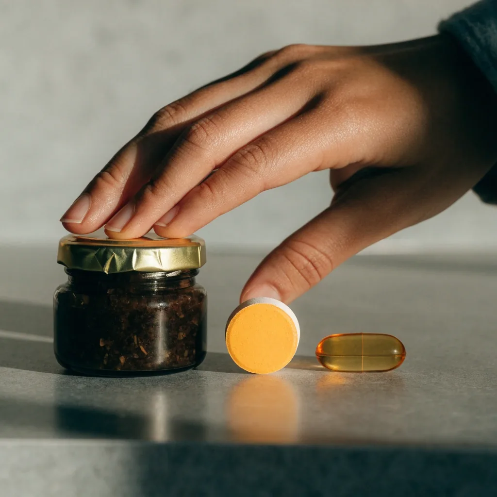 Three unbranded supplement formats laid out on a stone slab
