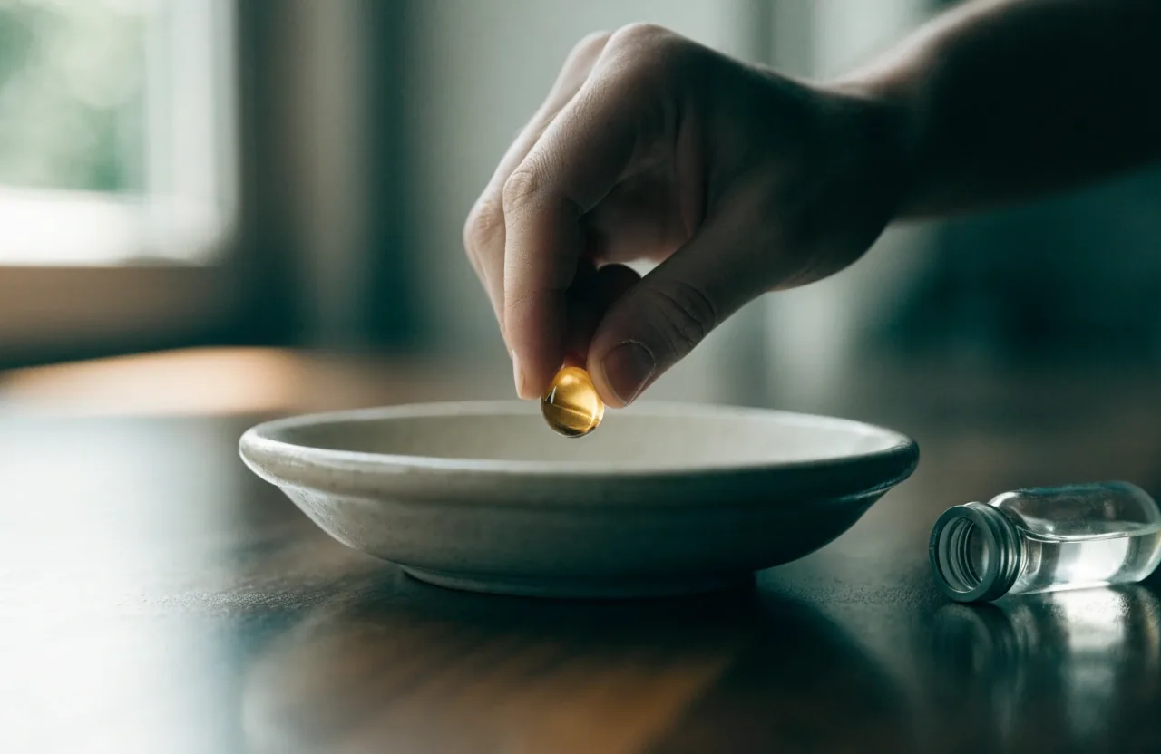 A single unbranded amber softgel on a slate chip beside a dish of clear oil