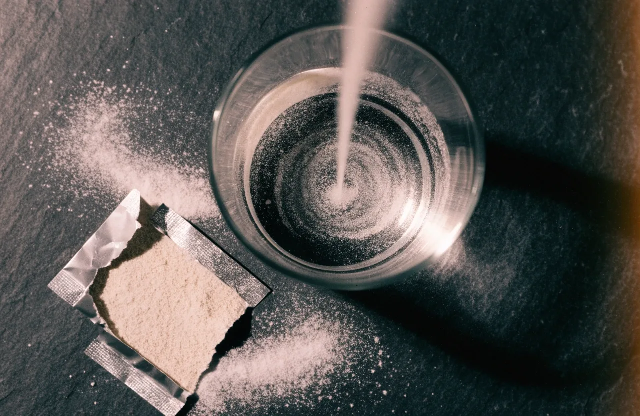 A plain unbranded foil sachet beside a glass of water on a stone counter with powder in the glass