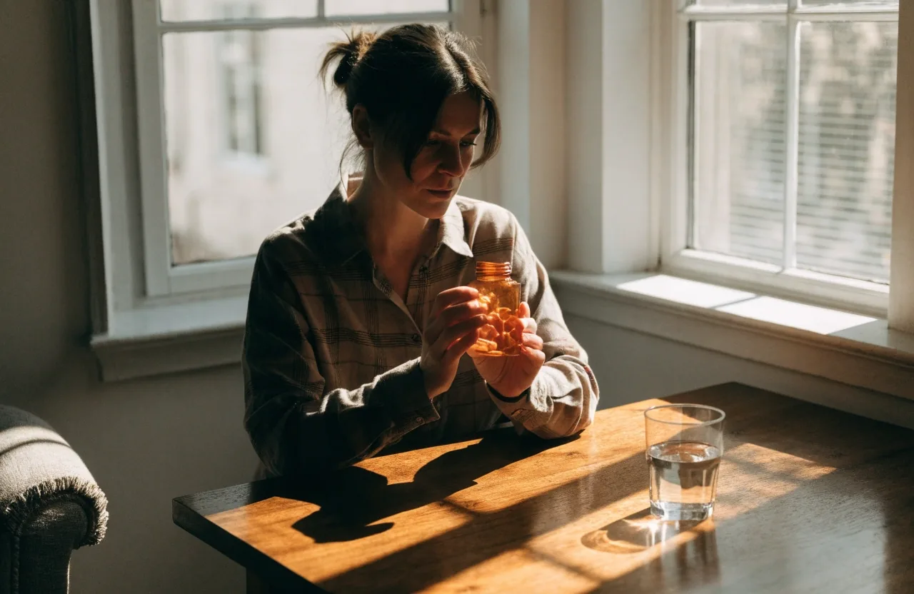 An unbranded amber bottle and a plain tumbler resting on a linen cloth on a wooden ledge beside a dusk window