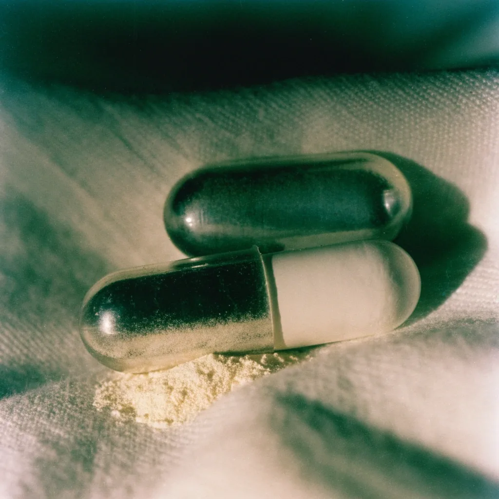 An open two-piece unbranded capsule shell beside a small mound of pale granules on linen