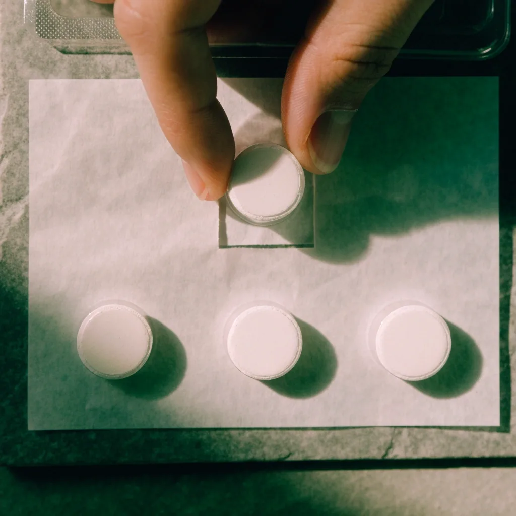 Plain unbranded white compressed supplement pieces arranged on a paper square on a stone board
