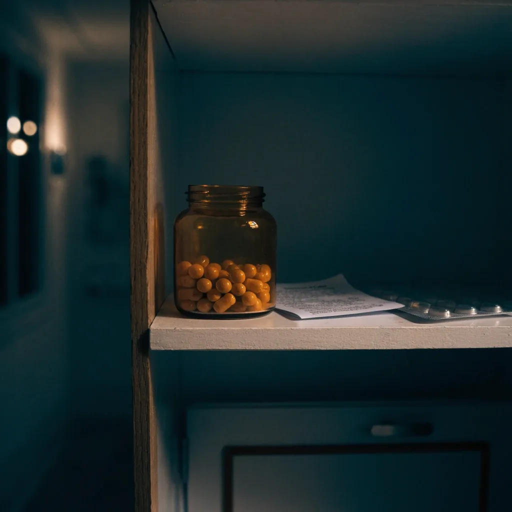 Shaded interior shelf with plain unbranded glass jars, a folded box and a dried herb sprig at dusk