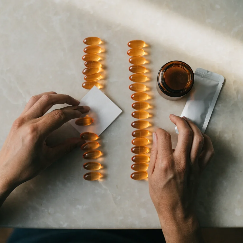 Two hands sorting plain unbranded supplement formats into two columns on a stone counter