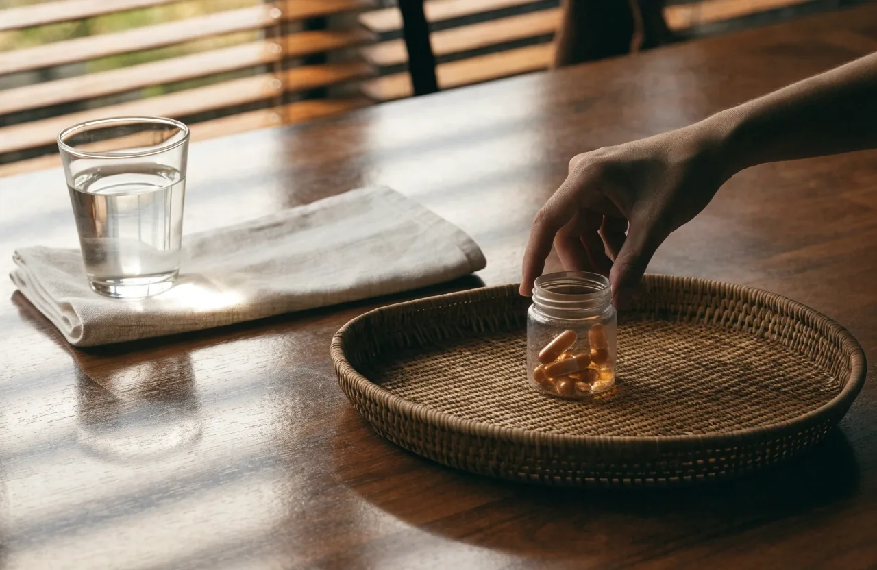 An unbranded amber bottle on folded linen beside a window at dusk with an empty glass tumbler