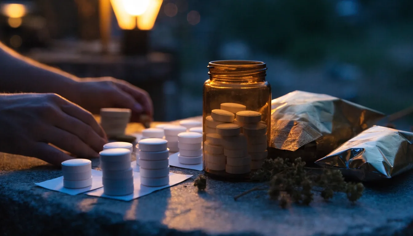 Hands sorting everyday supplement formats into two columns on a stone counter at dusk