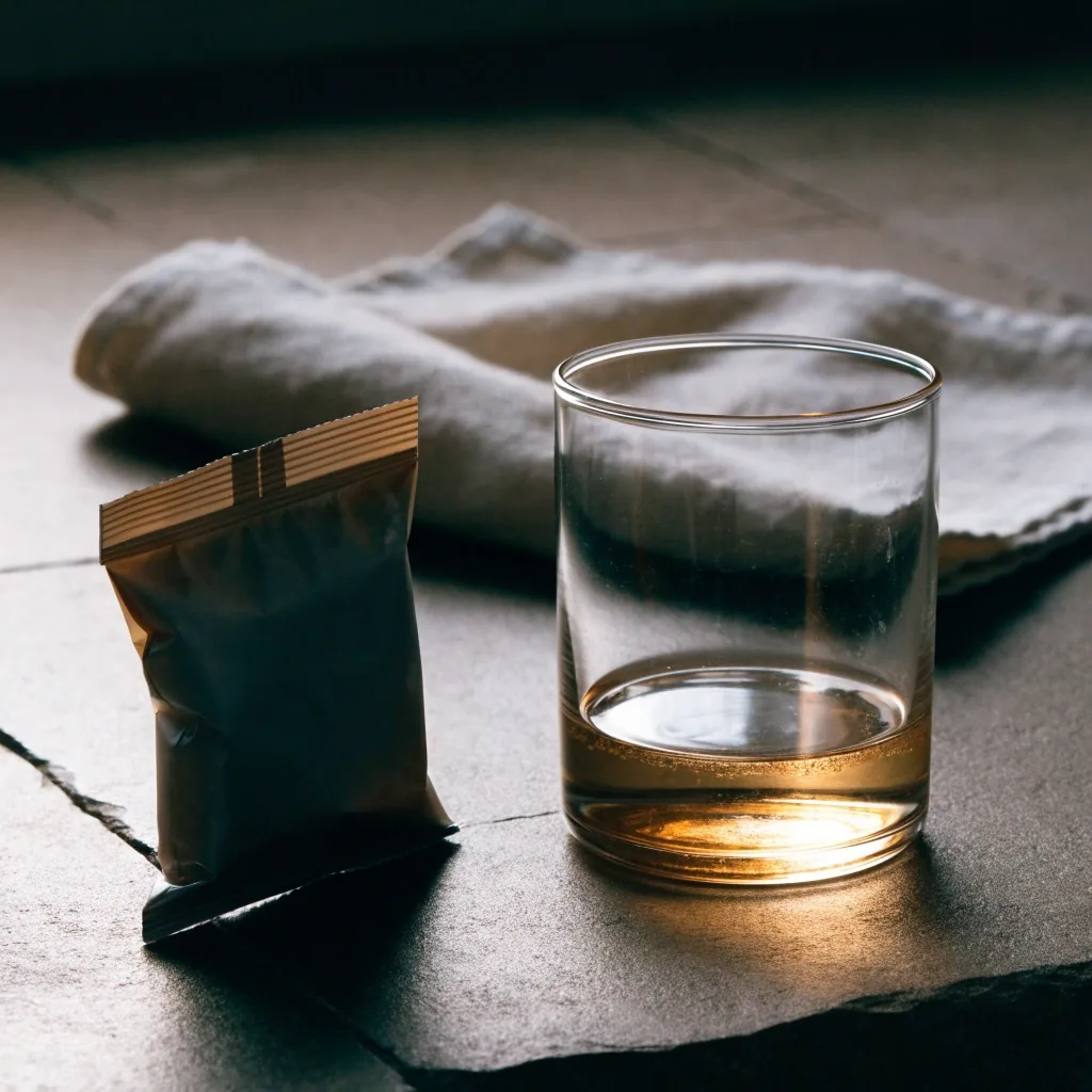 A small unmarked sachet standing next to an empty water glass with a faint amber residue ring on a stone counter, a folded linen cloth behind