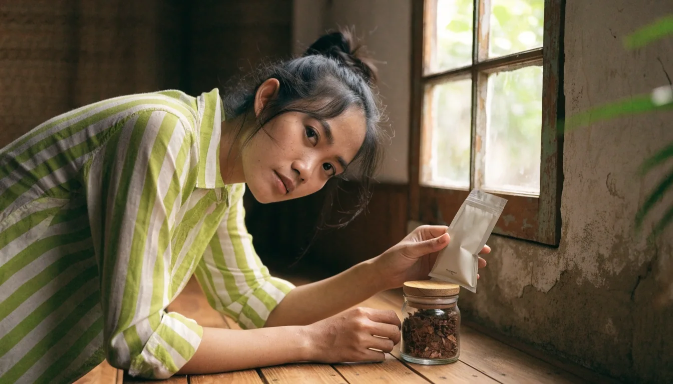An overhead flat lay of a stone mortar with dried root, an unmarked sachet, and an low amber glass jar of dark herbal blend arranged on a dark stone slab