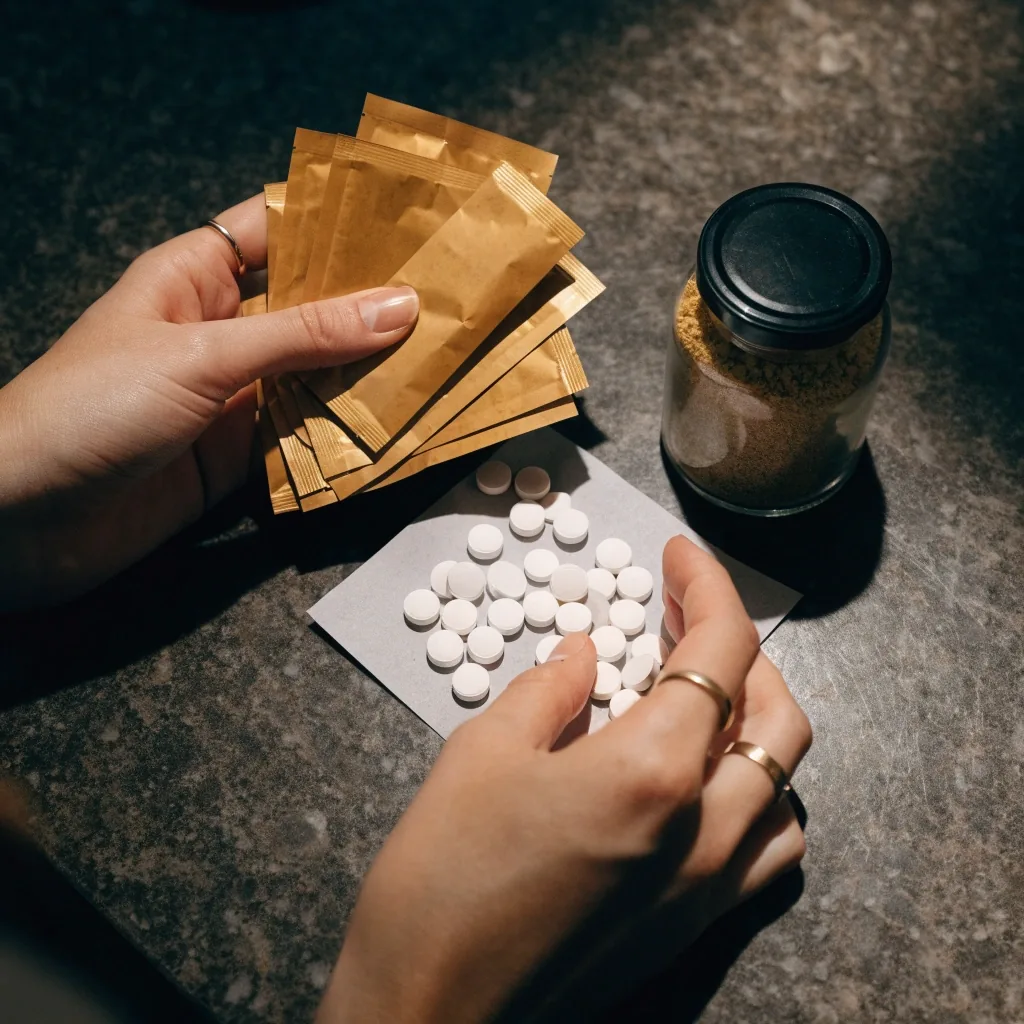 Hands sorting unbranded everyday wellness items — round tablets and amber sachets — into two columns on a dark stone counter under green-tinged evening light