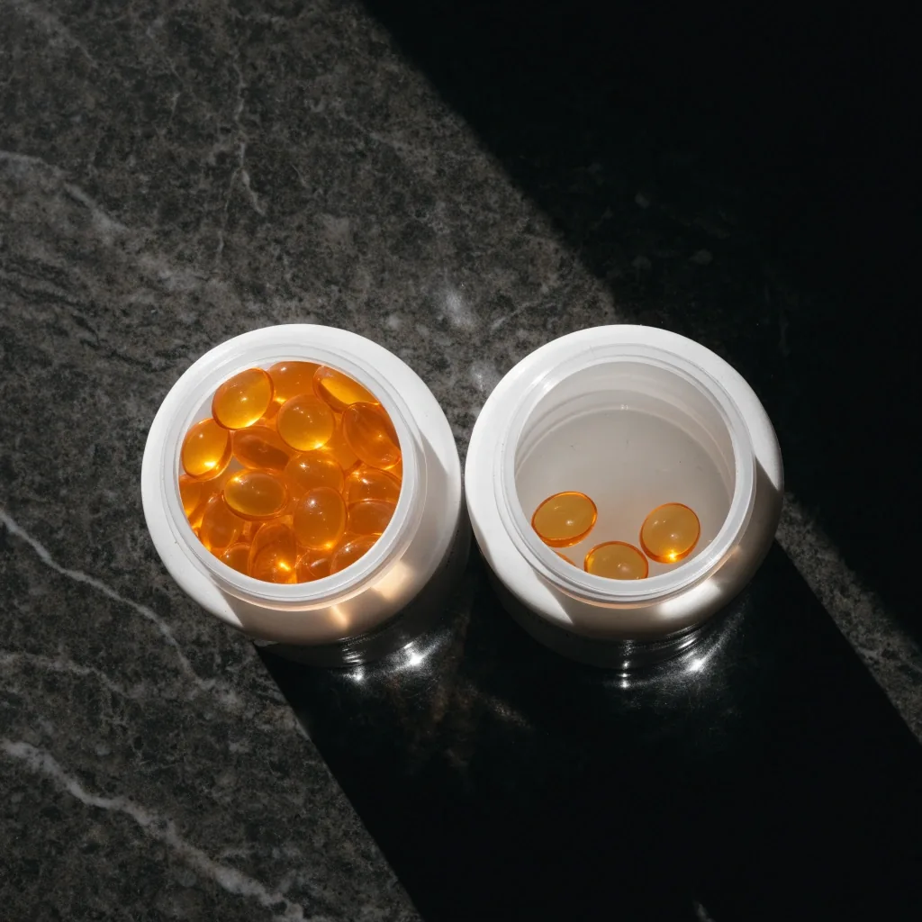 Two open unmarked bottles side by side on a stone counter, one nearly full of softgels and one almost empty beside a small tally-like block of blank paper
