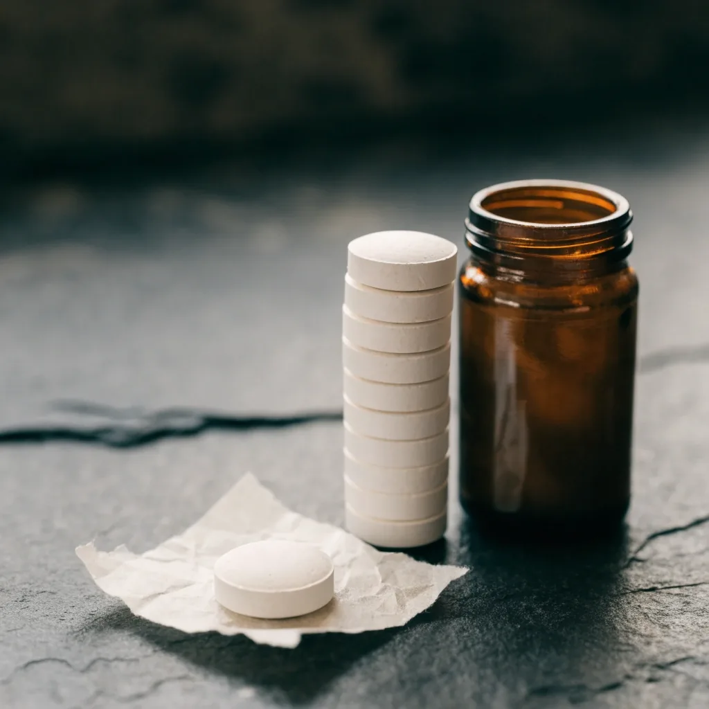 Two unbranded vitamin C options side by side on a dark stone counter — a plain round tablet on paper and a second stack beside a small unmarked amber jar