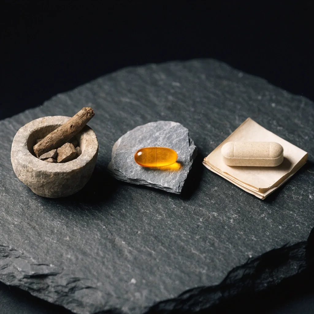 Herbal blend, softgel, and a plain tablet arranged side by side for an accuracy note