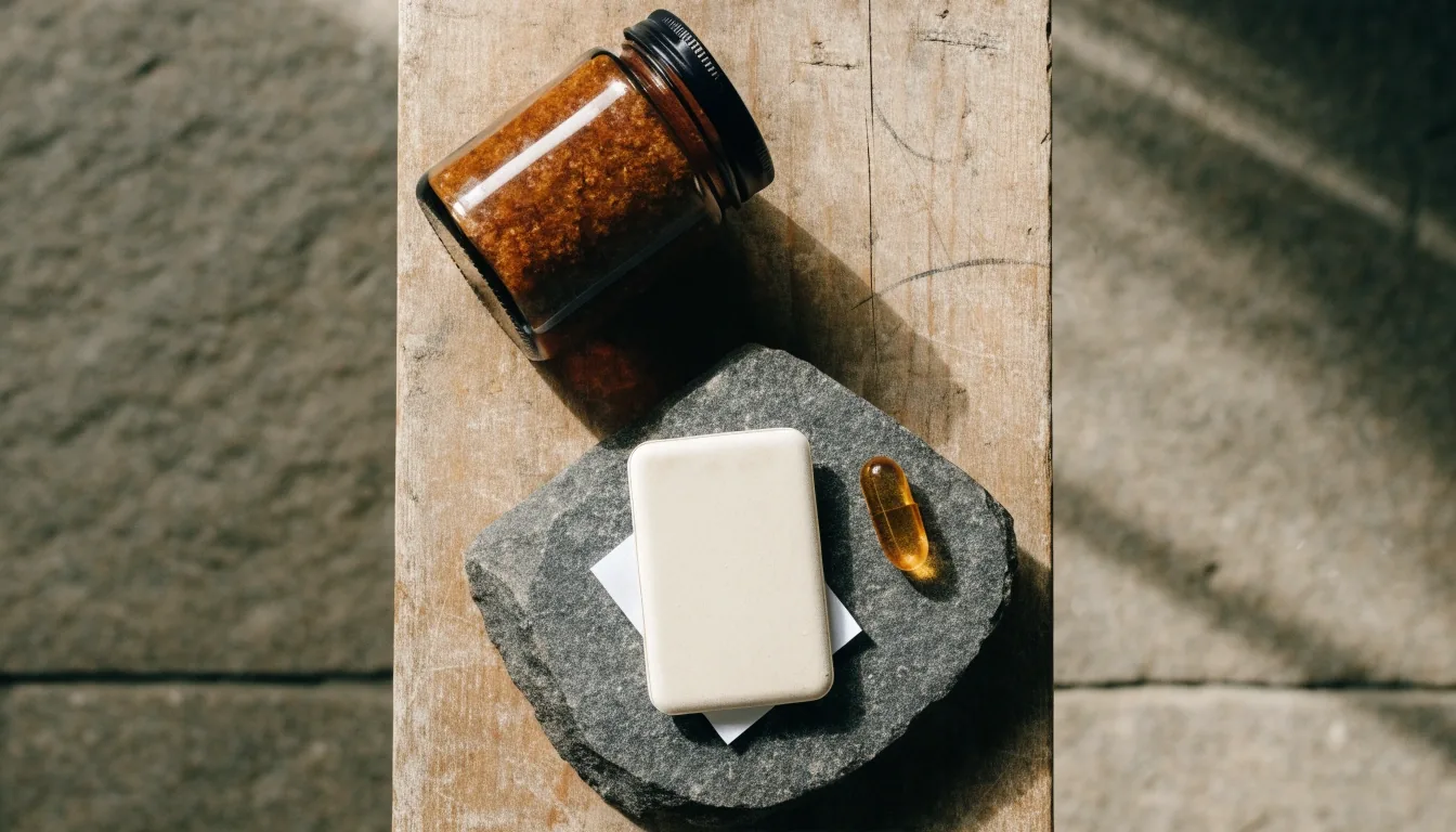 Unbranded supplement formats arranged on a stone slab for editorial comparison