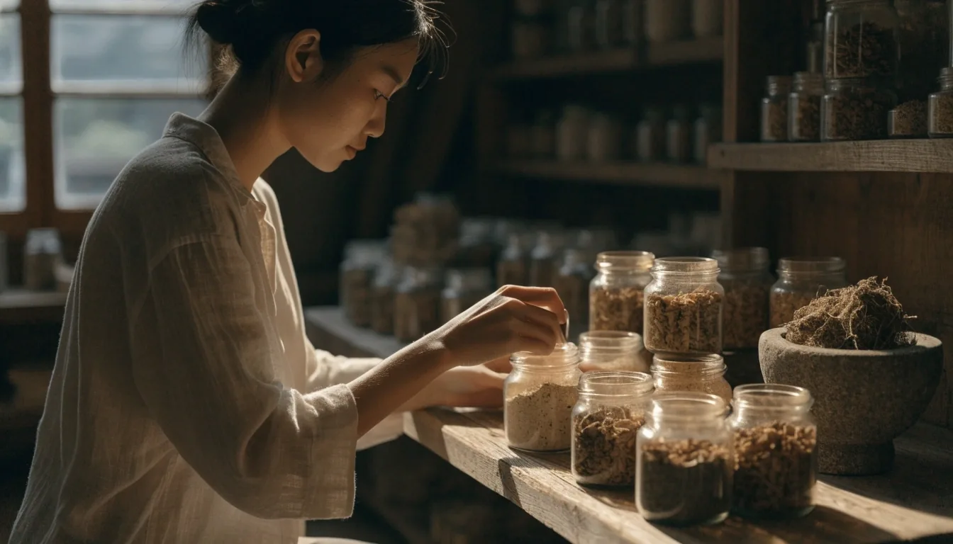 WellnessCore Indonesia editorial desk with wellness supplement formats arranged on a wooden counter at dusk